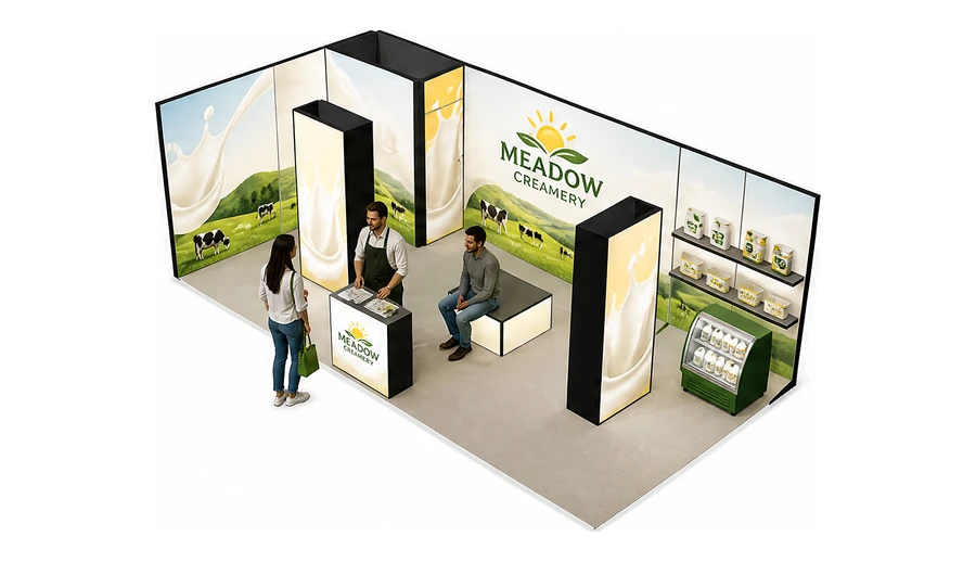 Stoisko 8 × 4 m narożne lewe dla branży nabiał i mleczarstwo, przykładowa marka Meadow Creamery