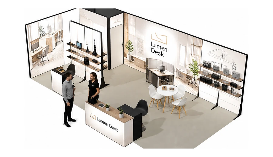 Stoisko 8 × 4 m narożne lewe dla branży meble biurowe, przykładowa marka Lumen Desk