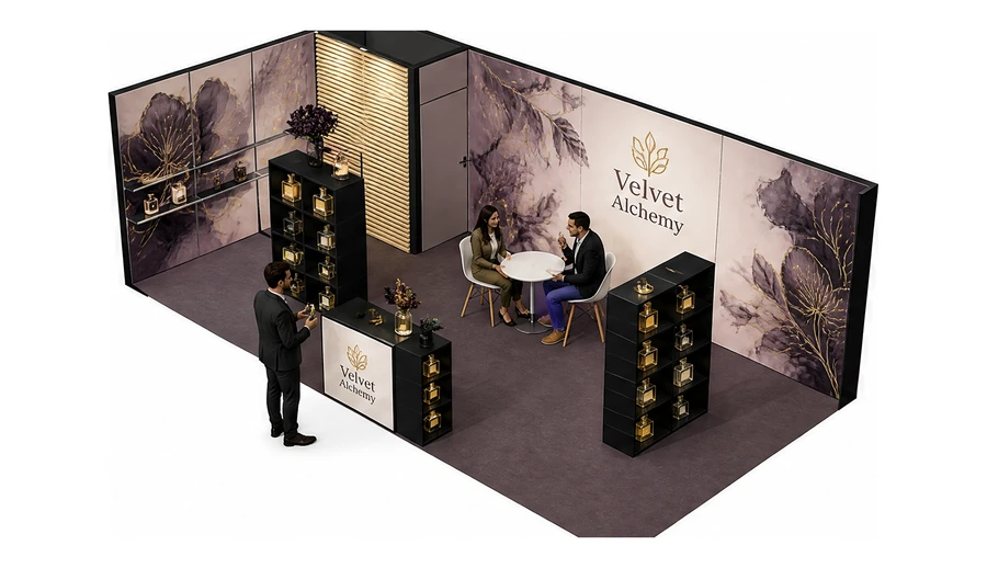 Stoisko 8 × 4 m narożne lewe dla branży perfumy, przykładowa marka Velvet Alchemy