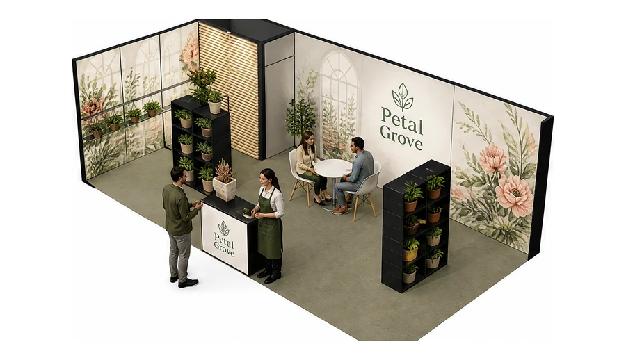 Stoisko 8 × 4 m narożne lewe dla branży rośliny i kwiaciarstwo, przykładowa marka Petal Grove
