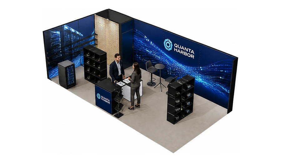 Stoisko 8 × 4 m narożne lewe dla branży infrastruktura IT i data center, przykładowa marka Quanta Harbor