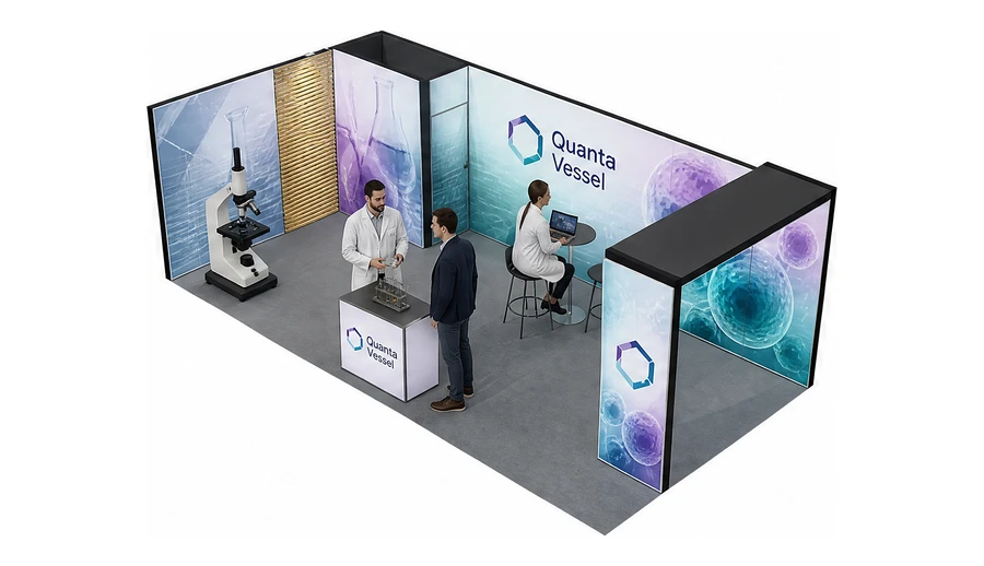 Stoisko 8 × 4 m narożne lewe dla branży sprzęt laboratoryjny, przykładowa marka Quanta Vessel