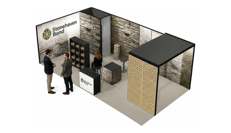 Stoisko 8 × 4 m narożne lewe dla branży materiały budowlane, przykładowa marka Stonehaven Bond
