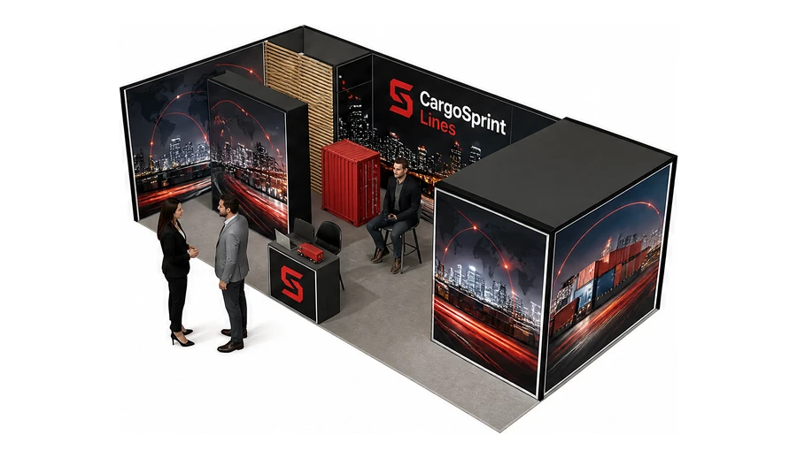 Stoisko 8 × 4 m narożne lewe dla branży logistyka i spedycja, przykładowa marka CargoSprint Lines