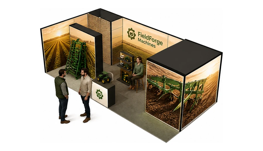 Stoisko 8 × 4 m narożne lewe dla branży maszyny rolnicze, przykładowa marka FieldForge Machines