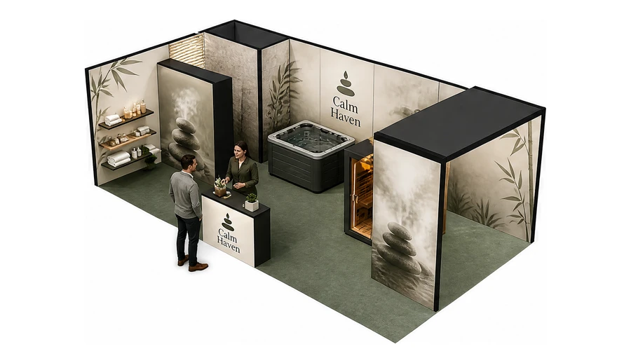 Stoisko 8 × 4 m narożne lewe dla branży spa i wellness, przykładowa marka Calm Haven