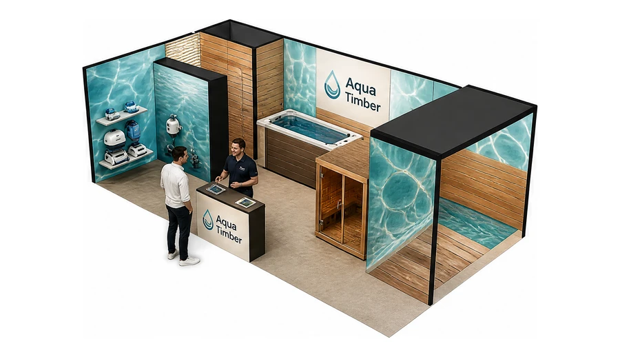 Stoisko 8 × 4 m narożne lewe dla branży baseny i sauny, przykładowa marka Aqua Timber