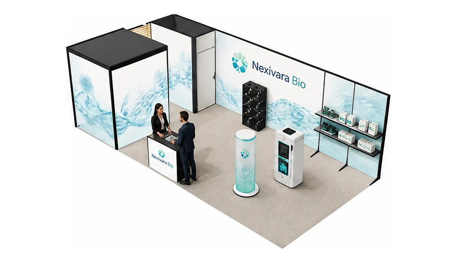 Stoisko 8 × 4 m narożne lewe dla branży farmacja i biotechnologia, przykładowa marka Nexivara Bio