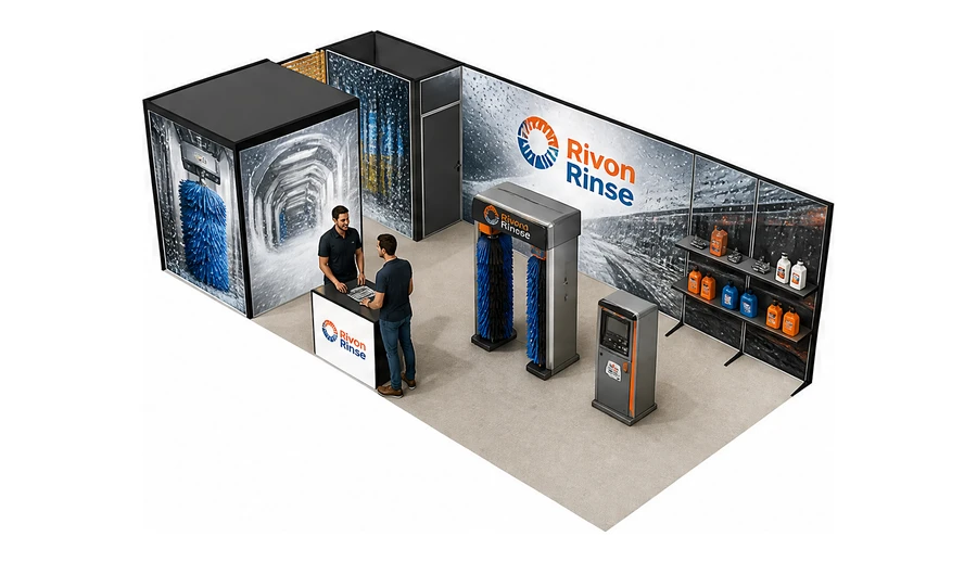 Stoisko 8 × 4 m narożne lewe dla branży myjnie i pielęgnacja aut, przykładowa marka Rivon Rinse