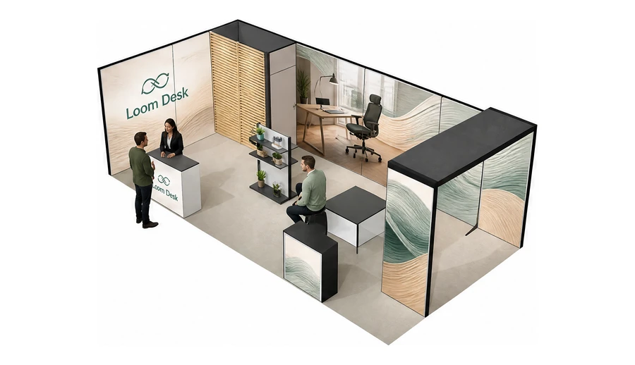 Stoisko 8 × 4 m narożne lewe dla branży meble biurowe, przykładowa marka Loom Desk