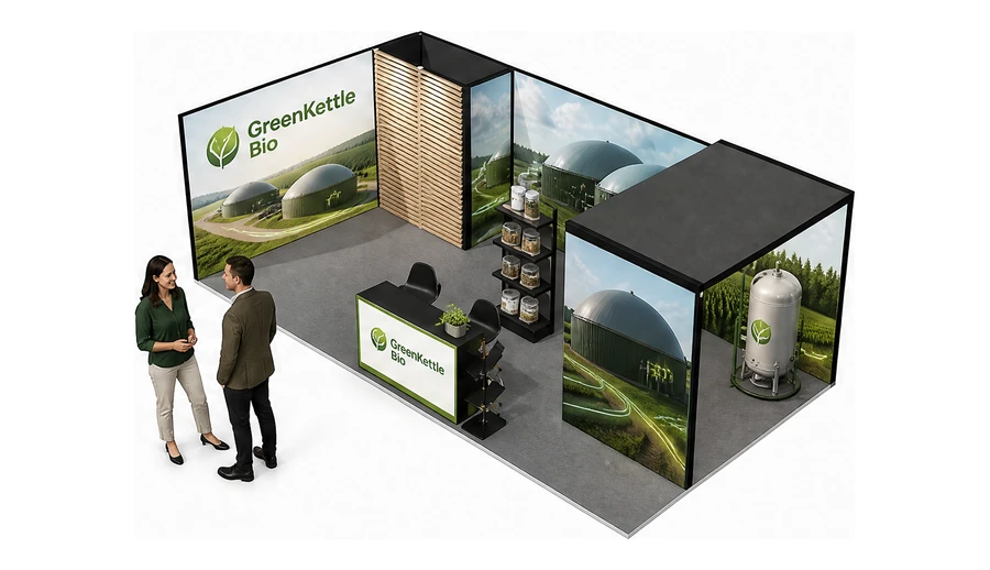 Stoisko 8 × 4 m narożne lewe dla branży biogaz i OZE, przykładowa marka GreenKettle Bio