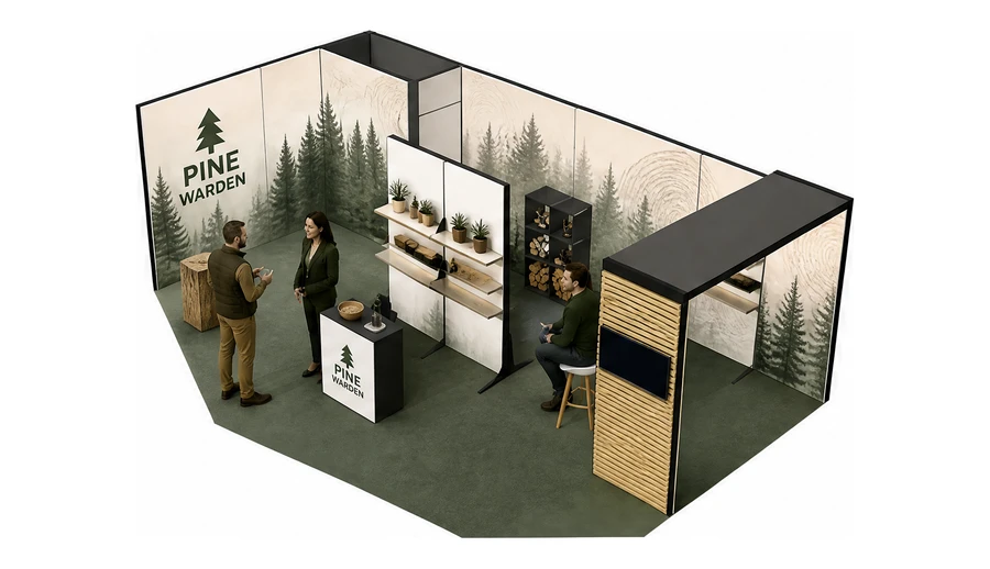 Stoisko 8 × 4 m narożne lewe dla branży leśnictwo i przemysł drzewny, przykładowa marka Pine Warden