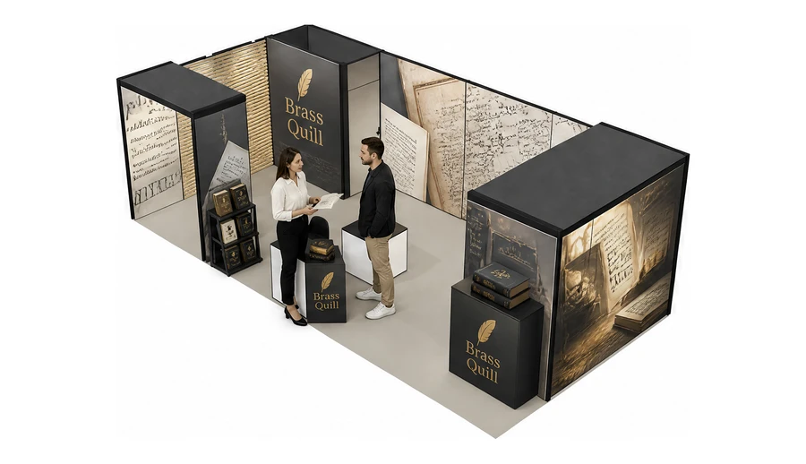 Stoisko 8 × 4 m narożne lewe dla branży wydawnictwa, przykładowa marka Brass Quill