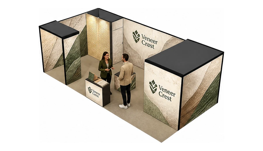 Stoisko 8 × 4 m narożne lewe dla branży wykończenie wnętrz, przykładowa marka Veneer Crest
