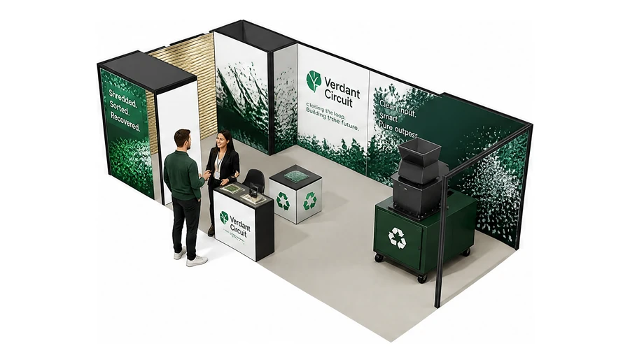 Stoisko 8 × 4 m narożne lewe dla branży recykling i ochrona środowiska, przykładowa marka Verdant Circuit