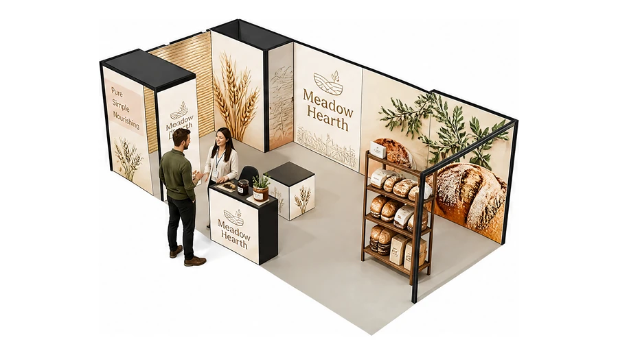 Stoisko 8 × 4 m narożne lewe dla branży żywność ekologiczna, przykładowa marka Meadow Hearth