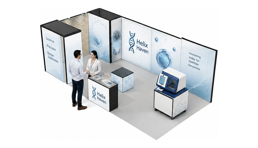 Stoisko 8 × 4 m narożne lewe dla branży farmacja i biotechnologia, przykładowa marka Helix Haven