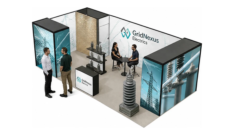 Stoisko 8 × 4 m narożne lewe dla branży energetyka i sieci, przykładowa marka GridNexus Electrics