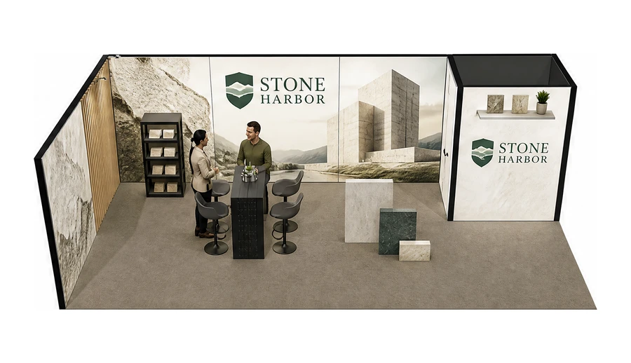 Stoisko 8 × 4 m narożne lewe dla branży materiały budowlane, przykładowa marka Stone Harbor