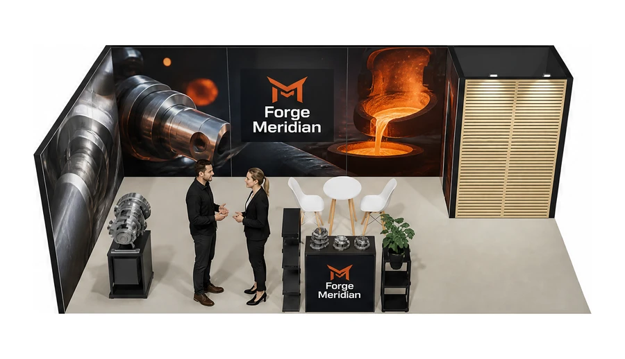Stoisko 8 × 4 m narożne lewe dla branży obróbka metali i odlewnictwo, przykładowa marka Forge Meridian