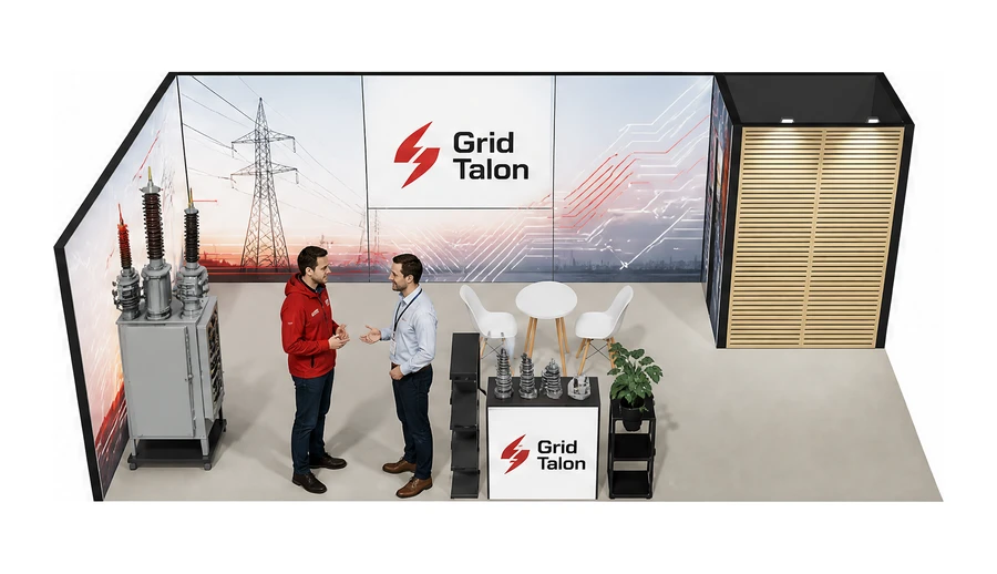 Stoisko 8 × 4 m narożne lewe dla branży energetyka i sieci, przykładowa marka Grid Talon