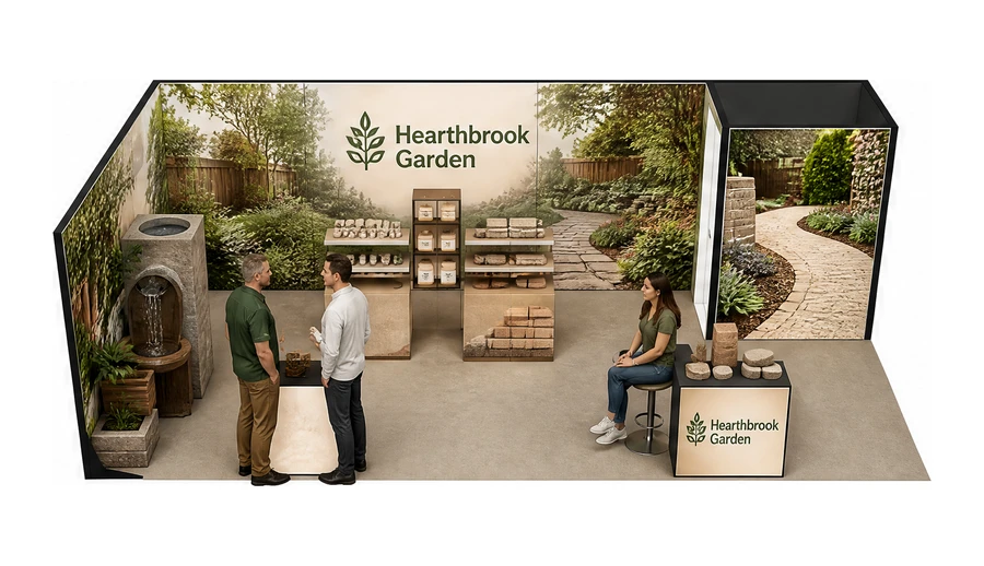 Stoisko 8 × 4 m narożne lewe dla branży ogród i architektura krajobrazu, przykładowa marka Hearthbrook Garden