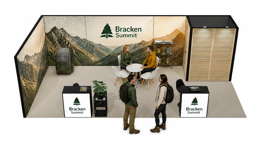 Stoisko 8 × 4 m narożne lewe dla branży odzież i sprzęt outdoorowy, przykładowa marka Bracken Summit