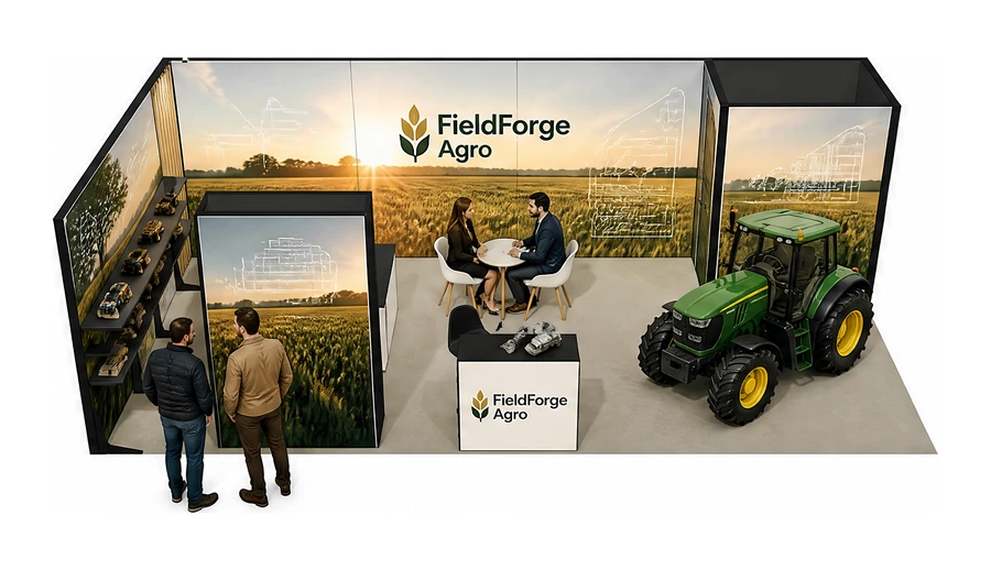 Stoisko 8 × 4 m narożne lewe dla branży maszyny rolnicze, przykładowa marka FieldForge Agro