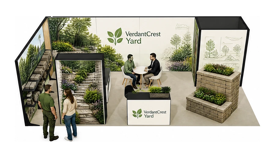 Stoisko 8 × 4 m narożne lewe dla branży ogród i architektura krajobrazu, przykładowa marka VerdantCrest Yard
