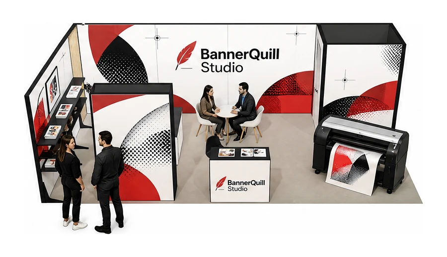 Stoisko 8 × 4 m narożne lewe dla branży reklama i druk, przykładowa marka BannerQuill Studio