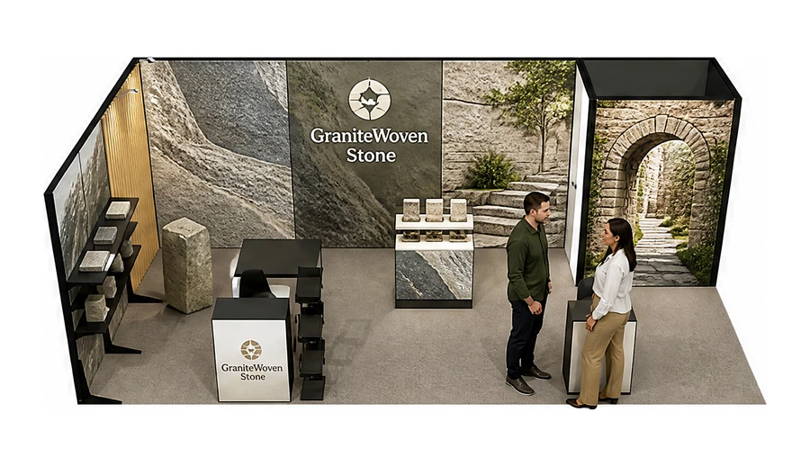 Stoisko 8 × 4 m narożne lewe dla branży kamień i kamieniarstwo, przykładowa marka GraniteWoven Stone