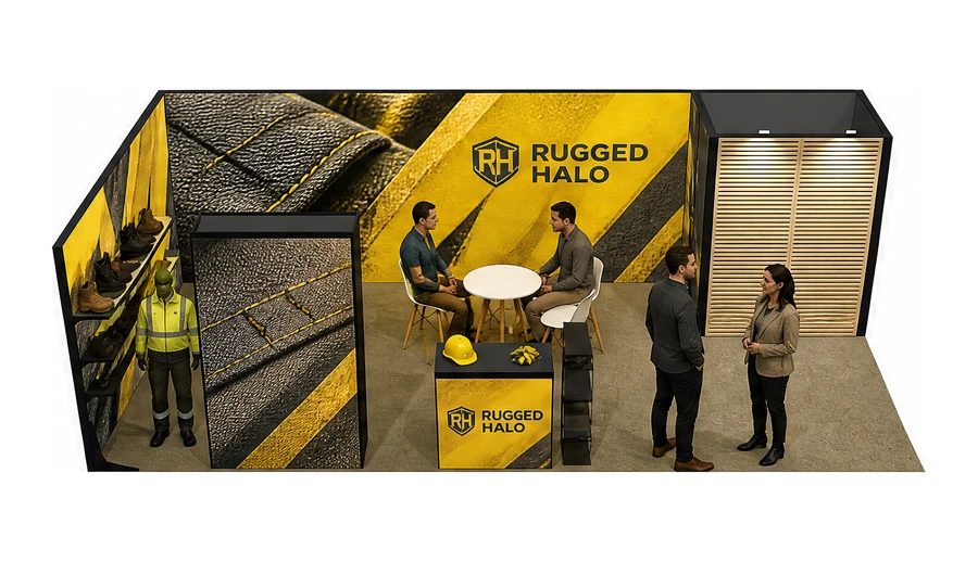 Stoisko 8 × 4 m narożne lewe dla branży BHP i odzież ochronna, przykładowa marka Rugged Halo