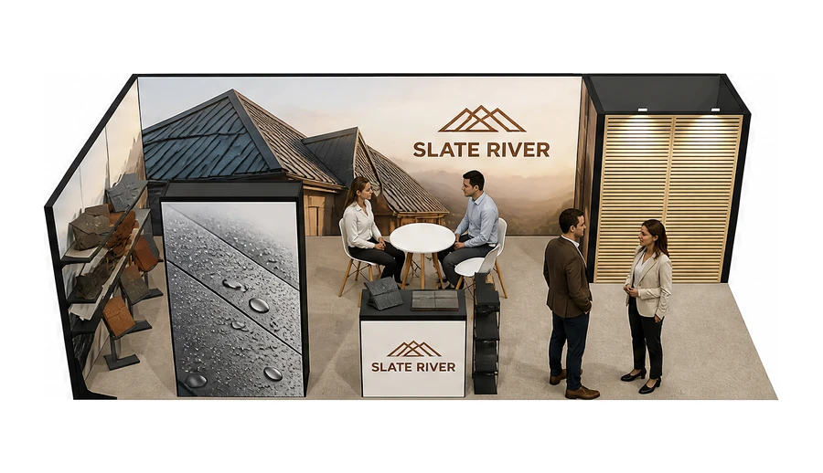 Stoisko 8 × 4 m narożne lewe dla branży dachy i elewacje, przykładowa marka Slate River