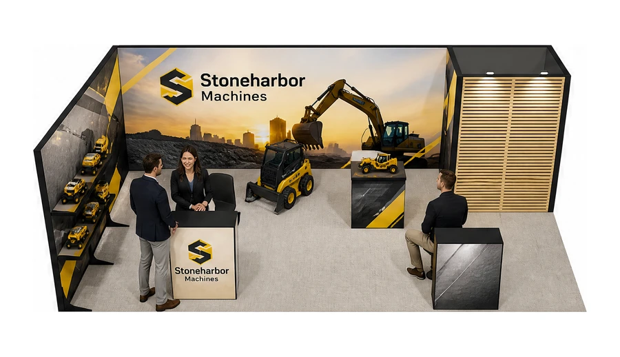 Stoisko 8 × 4 m narożne lewe dla branży maszyny budowlane, przykładowa marka Stoneharbor Machines