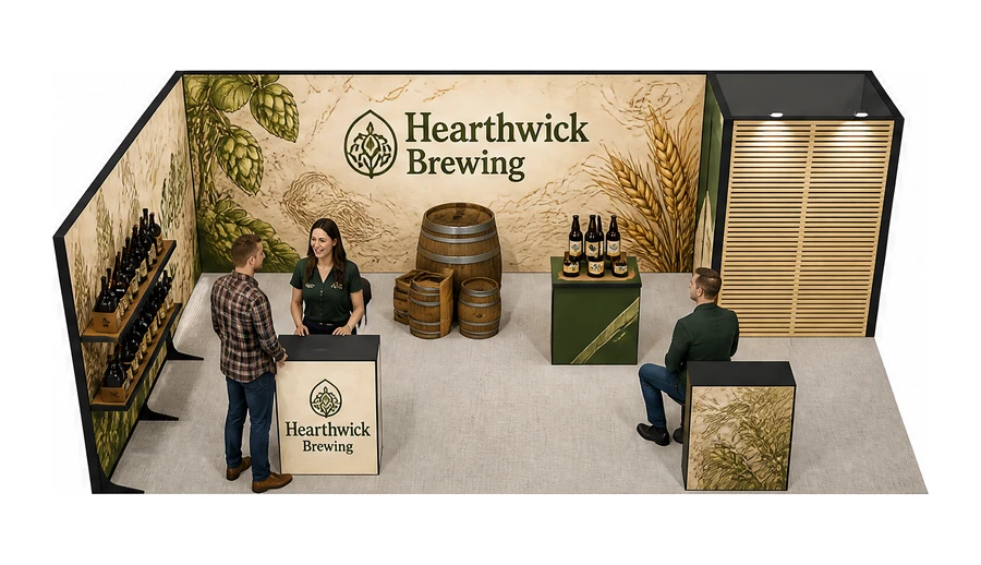 Stoisko 8 × 4 m narożne lewe dla branży browar rzemieślniczy, przykładowa marka Hearthwick Brewing