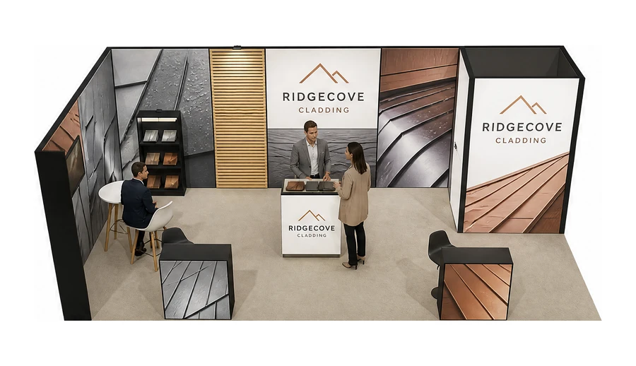 Stoisko 8 × 4 m narożne lewe dla branży dachy i elewacje, przykładowa marka Ridgecove Cladding
