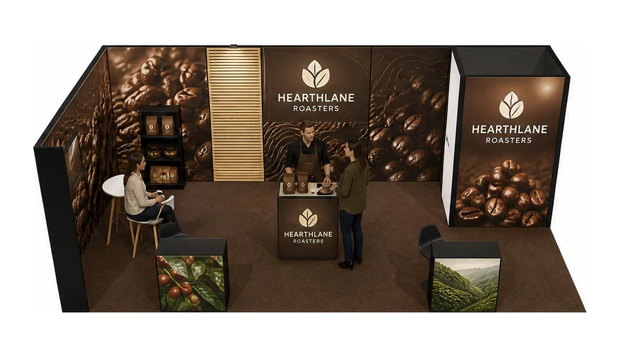 Stoisko 8 × 4 m narożne lewe dla branży palarnia kawy, przykładowa marka Hearthlane Roasters