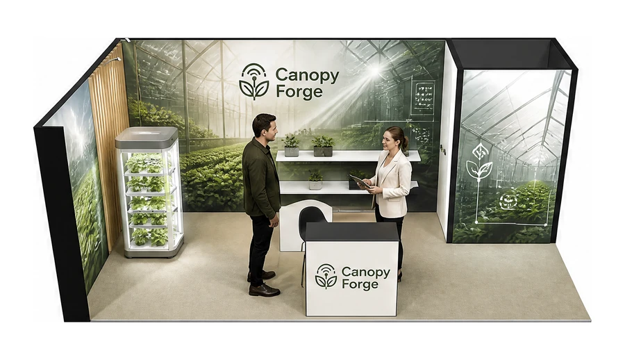 Stoisko 8 × 4 m narożne lewe dla branży sadownictwo i warzywnictwo, przykładowa marka Canopy Forge