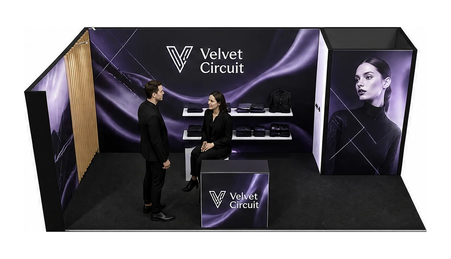 Stoisko 8 × 4 m narożne lewe dla branży odzież i moda, przykładowa marka Velvet Circuit