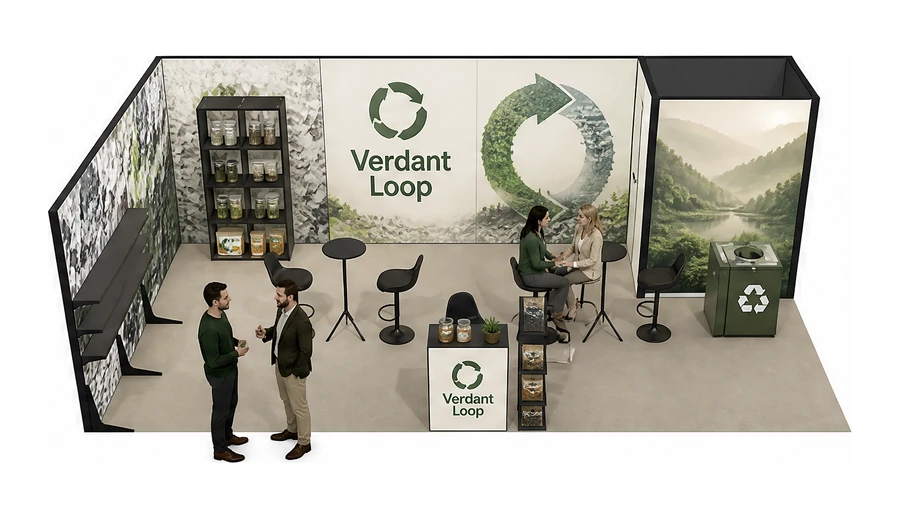Stoisko 8 × 4 m narożne lewe dla branży recykling i ochrona środowiska, przykładowa marka Verdant Loop