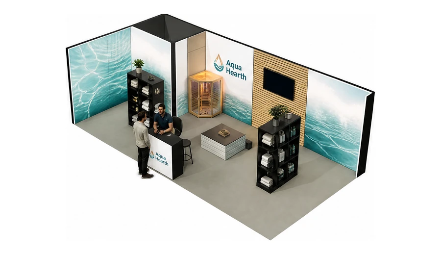 Stoisko 8 × 4 m narożne lewe dla branży baseny i sauny, przykładowa marka Aqua Hearth