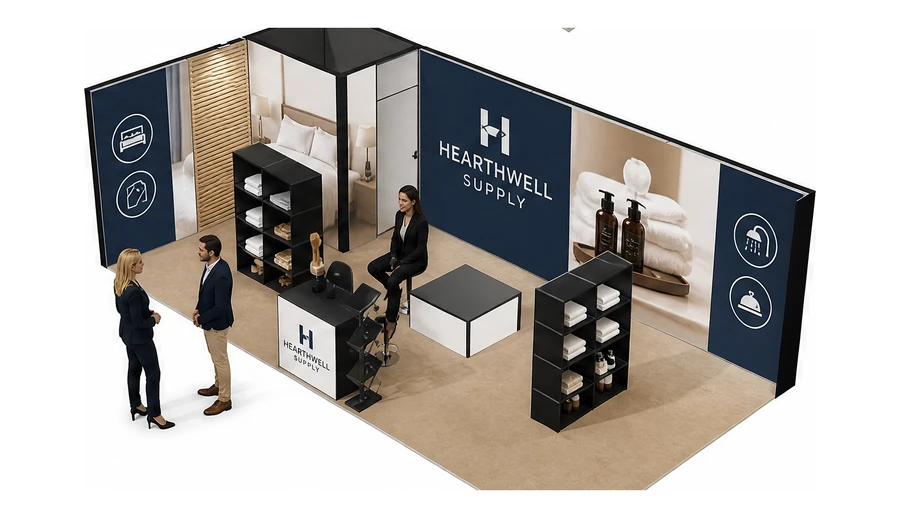 Stoisko 8 × 4 m narożne lewe dla branży wyposażenie hoteli, przykładowa marka Hearthwell Supply