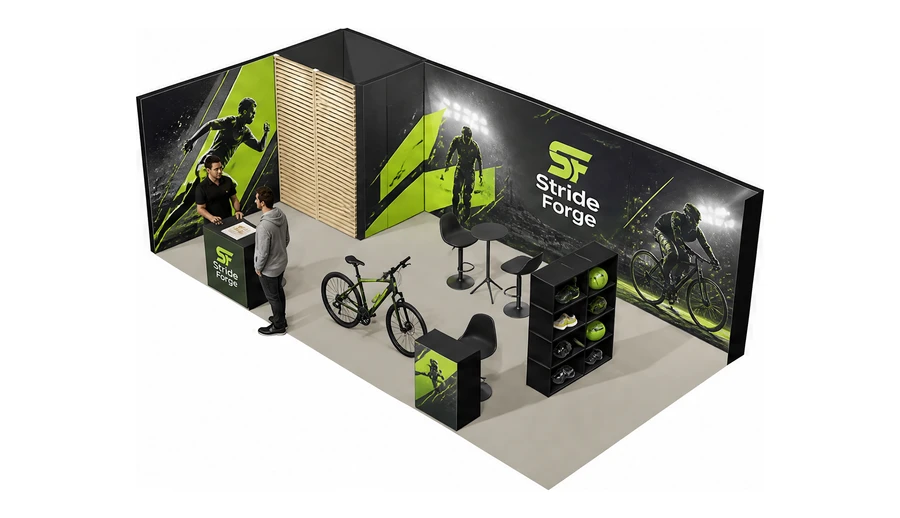 Stoisko 8 × 4 m narożne lewe dla branży sprzęt sportowy, przykładowa marka Stride Forge
