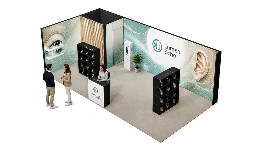 Stoisko 8 × 4 m narożne lewe dla branży optyka i audiologia, przykładowa marka Lumen Echo