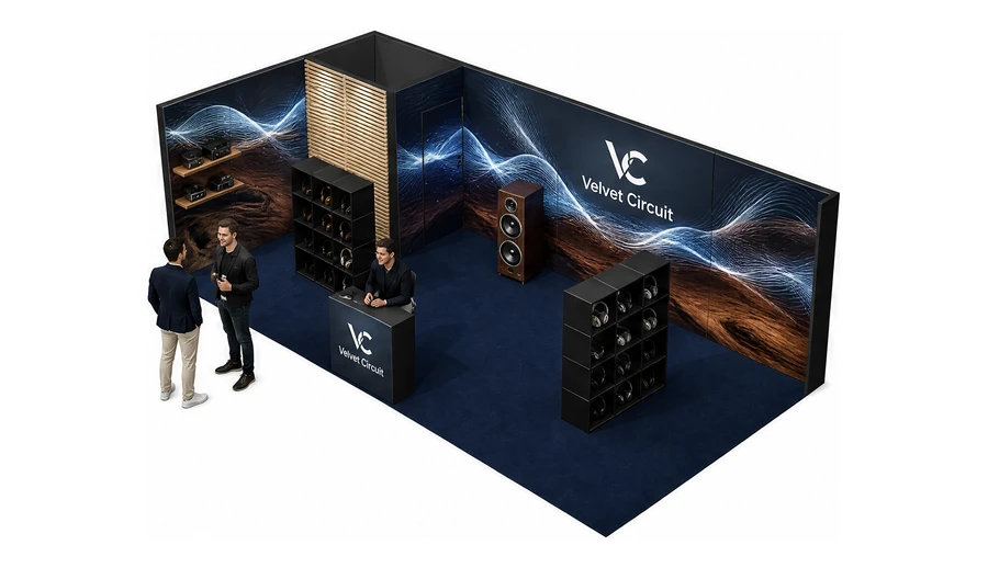 Stoisko 8 × 4 m narożne lewe dla branży sprzęt audio-video, przykładowa marka Velvet Circuit
