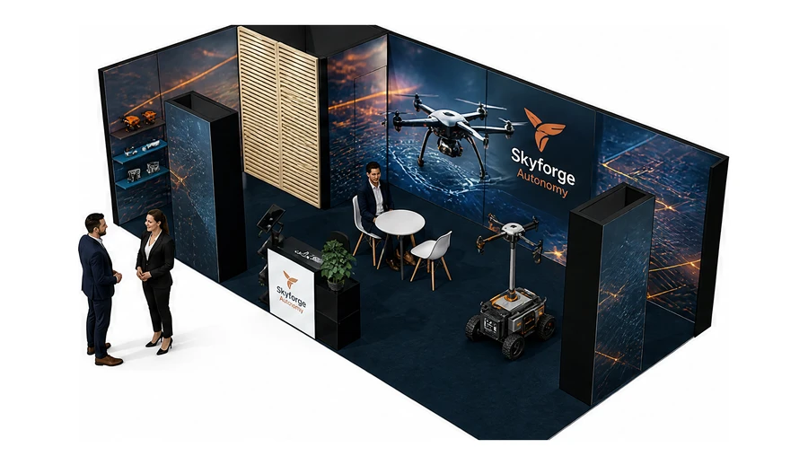 Stoisko 8 × 4 m narożne lewe dla branży drony i robotyka, przykładowa marka Skyforge Autonomy