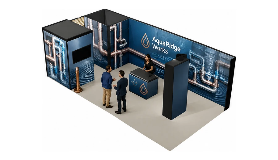 Stoisko 8 × 4 m narożne lewe dla branży instalacje wodno-kanalizacyjne, przykładowa marka AquaRidge Works