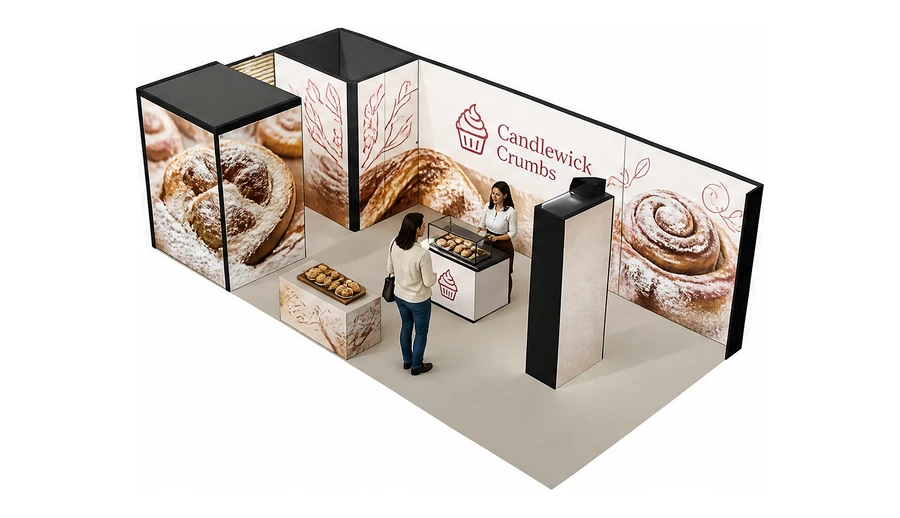 Stoisko 8 × 4 m narożne lewe dla branży piekarnictwo i cukiernictwo, przykładowa marka Candlewick Crumbs