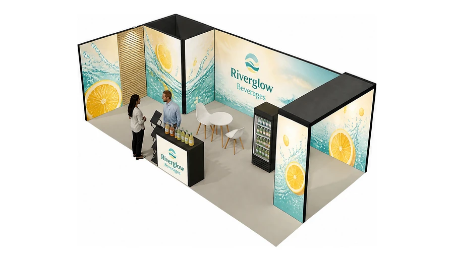 Stoisko 8 × 4 m narożne lewe dla branży napoje, przykładowa marka Riverglow Beverages