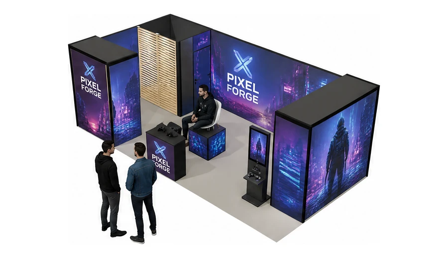Stoisko 8 × 4 m narożne lewe dla branży gry wideo, przykładowa marka Pixel Forge